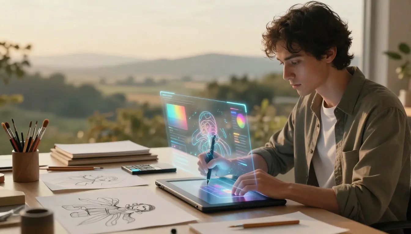 Artist using artificial intelligence tools in a creative studio, combining traditional drawing techniques with futuristic AI-generated visuals on a digital tablet.