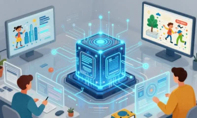 Machine learning concept showing data flowing into a neural network with human and AI interaction