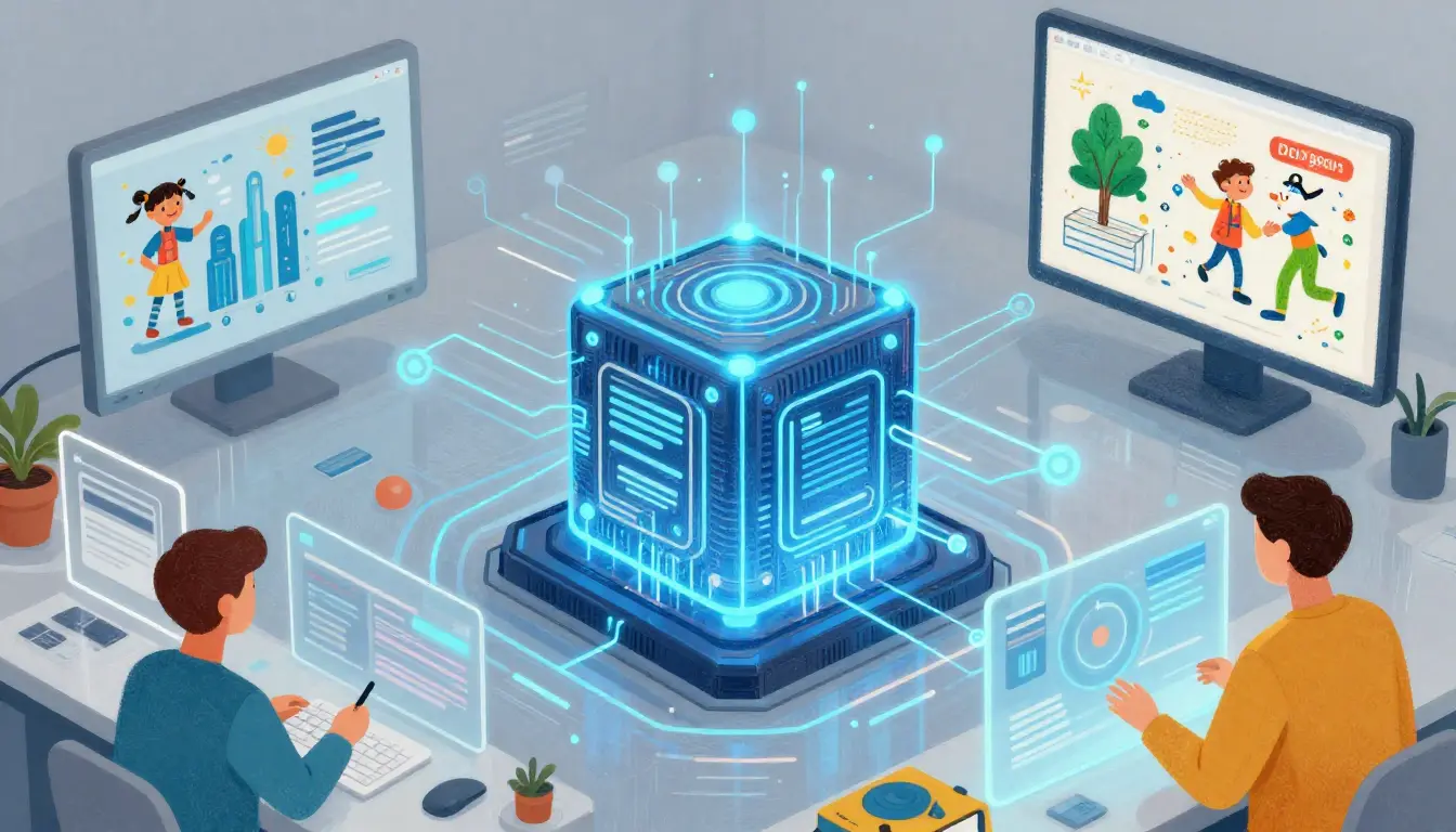 Machine learning concept showing data flowing into a neural network with human and AI interaction
