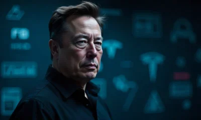 Elon Musk in a futuristic setting with abstract equations and neural patterns symbolizing intelligence, innovation, and problem-solving ability