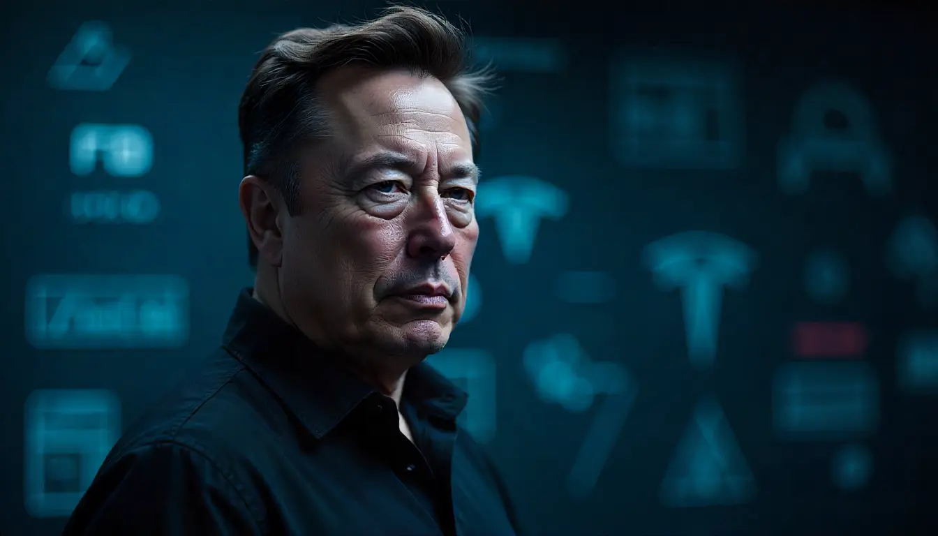 Elon Musk in a futuristic setting with abstract equations and neural patterns symbolizing intelligence, innovation, and problem-solving ability