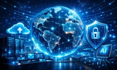 Global world wide technology network showing a connected digital globe with cloud computing, cybersecurity, AI, and enterprise data infrastructure