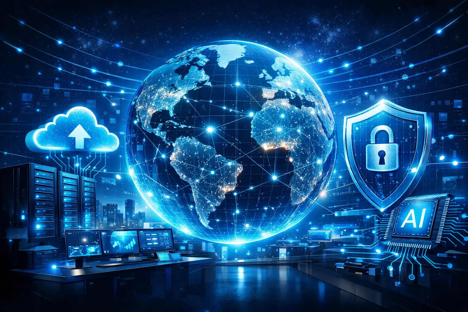 Global world wide technology network showing a connected digital globe with cloud computing, cybersecurity, AI, and enterprise data infrastructure