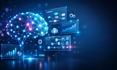 Bonz AI futuristic interface showing a glowing neural network brain with holographic dashboards, data analytics panels, and automation workflows in a modern AI workspace