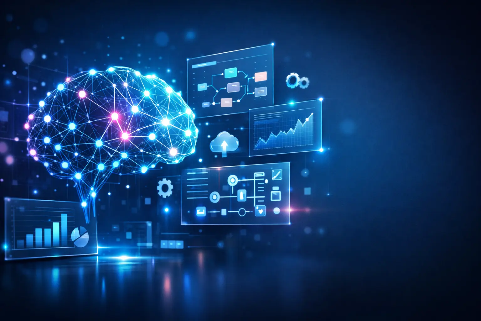 Bonz AI futuristic interface showing a glowing neural network brain with holographic dashboards, data analytics panels, and automation workflows in a modern AI workspace