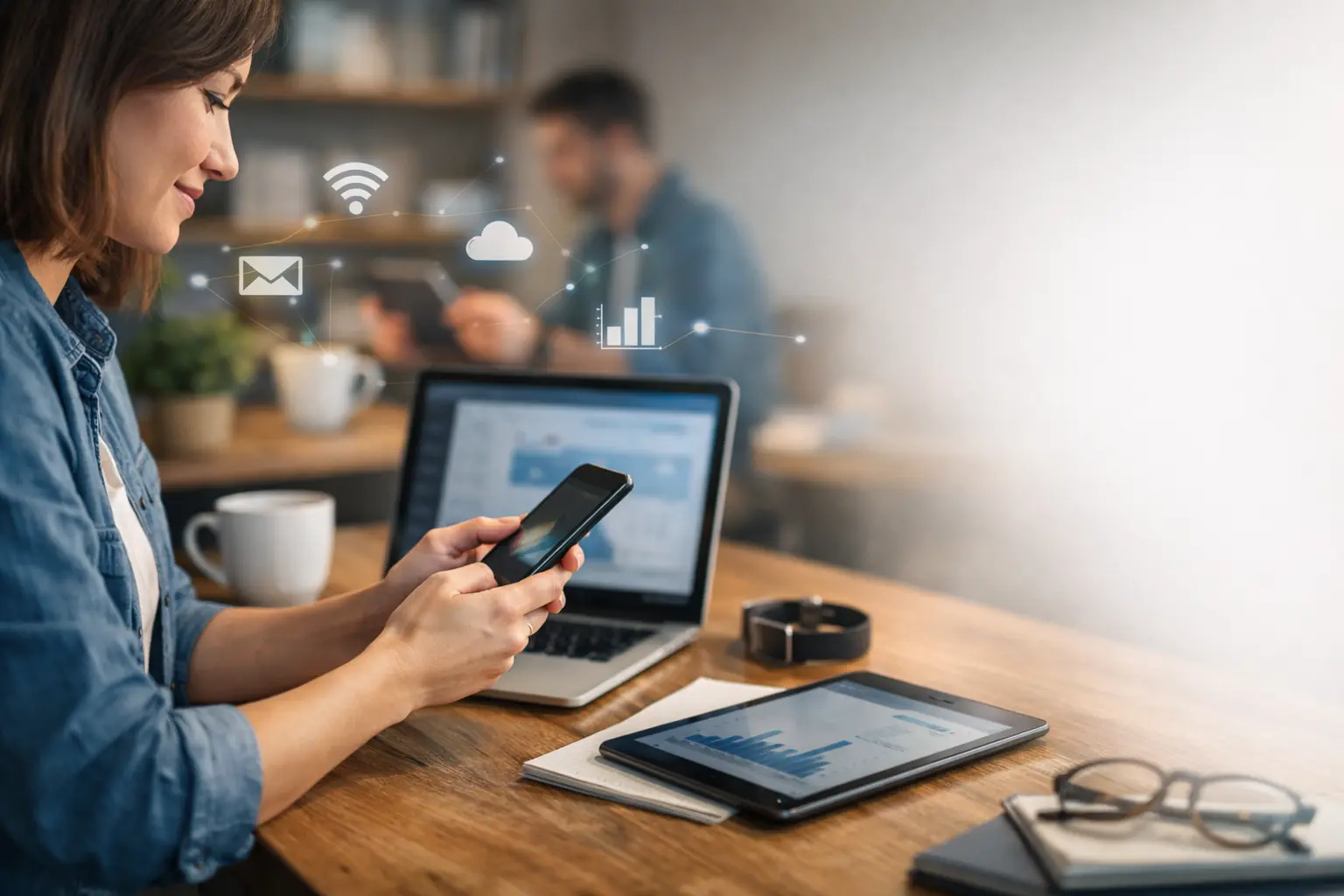 Person using modern digital technology in everyday life, showing how technology supports daily work and communication