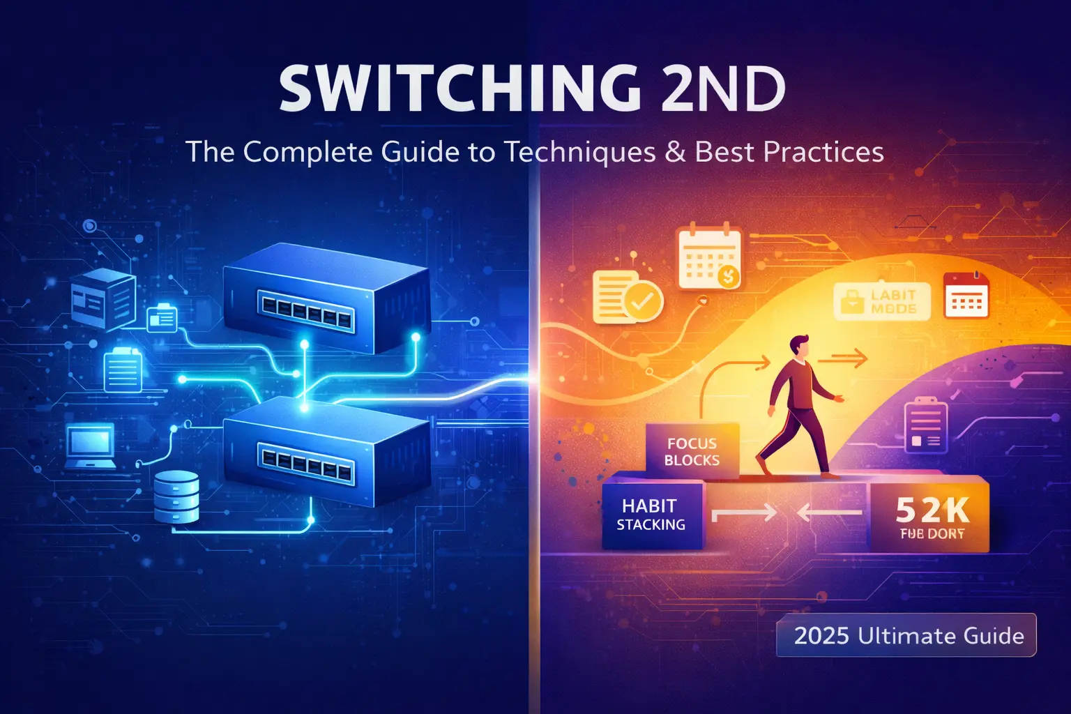 Switching 2nd featured image showing a split-screen design with network switch redundancy on the left and productivity workflow transitions on the right.