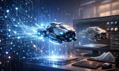 AI-powered 3D modeling visualization showing 3dm ai generating a holographic 3D asset from neural data and intelligent design systems