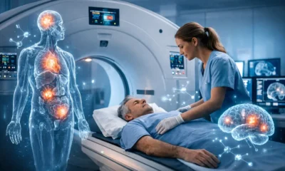 Nuclear medicine technology in action showing a PET/CT scan procedure where a medical technologist prepares a patient while molecular imaging highlights internal organ activity.