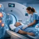 Nuclear medicine technology in action showing a PET/CT scan procedure where a medical technologist prepares a patient while molecular imaging highlights internal organ activity.