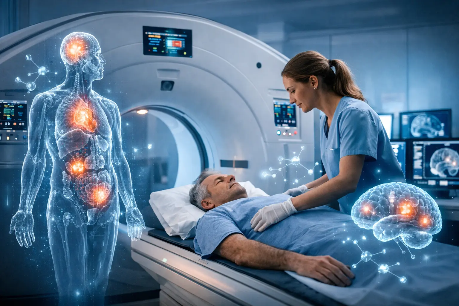 Nuclear medicine technology in action showing a PET/CT scan procedure where a medical technologist prepares a patient while molecular imaging highlights internal organ activity.