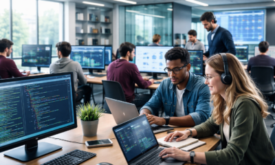 Students collaborating on laptops in a modern technology school classroom, learning coding, data analysis, and digital skills in a professional tech training environment.