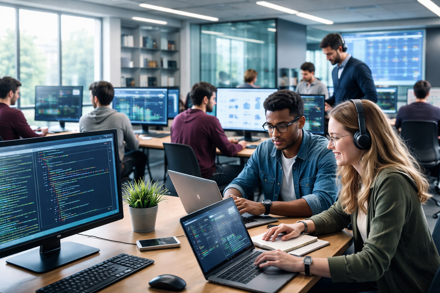 Students collaborating on laptops in a modern technology school classroom, learning coding, data analysis, and digital skills in a professional tech training environment.