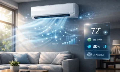 AI-powered air conditioner cooling a modern smart home with intelligent temperature control and energy optimization