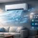AI-powered air conditioner cooling a modern smart home with intelligent temperature control and energy optimization