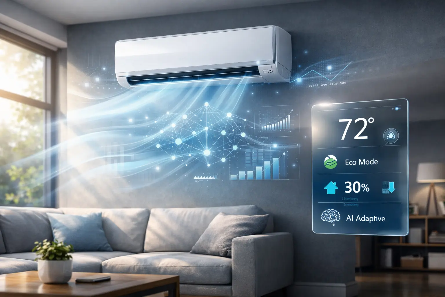 AI-powered air conditioner cooling a modern smart home with intelligent temperature control and energy optimization