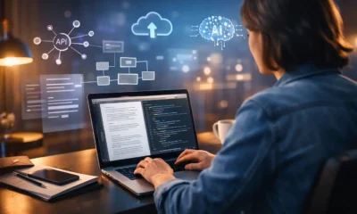 Technology writing workspace showing a professional writer using a laptop with digital interfaces, diagrams, and modern tech visuals in a clean, creative environment.