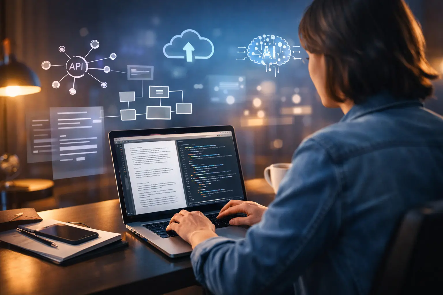 Technology writing workspace showing a professional writer using a laptop with digital interfaces, diagrams, and modern tech visuals in a clean, creative environment.