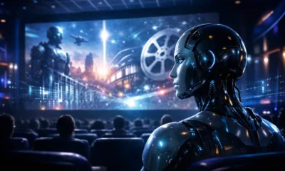 Humanoid artificial intelligence watching a futuristic movie screen in a high-tech cinema, symbolizing AI movies and digital storytelling.