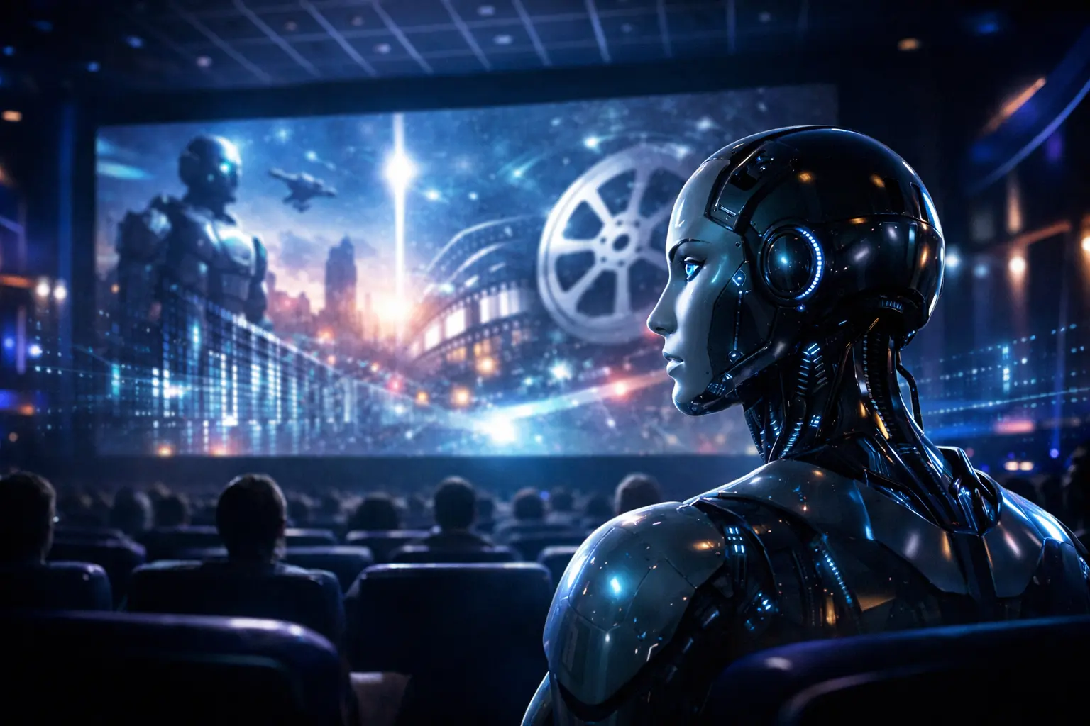 Humanoid artificial intelligence watching a futuristic movie screen in a high-tech cinema, symbolizing AI movies and digital storytelling.