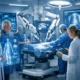 Advanced medical technology in a modern hospital with doctors using AI diagnostics, robotic surgery systems, and digital health displays