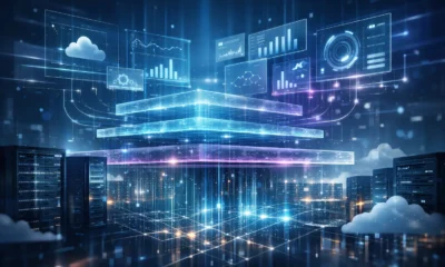Defined technology visual showing software-controlled digital layers managing cloud infrastructure, data centers, and automated systems.