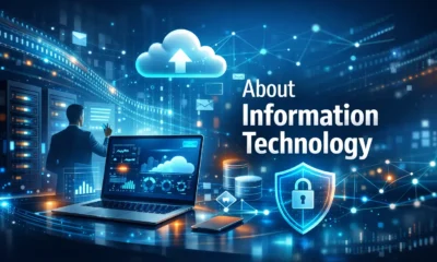 Modern digital workspace illustration showing cloud computing, data networks, cybersecurity, and interconnected IT systems representing information technology.