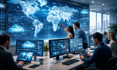Global technology solutions visual showing professionals collaborating in a modern command center with interconnected world maps, cloud infrastructure, and real-time digital networks.