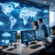 Global technology solutions visual showing professionals collaborating in a modern command center with interconnected world maps, cloud infrastructure, and real-time digital networks.