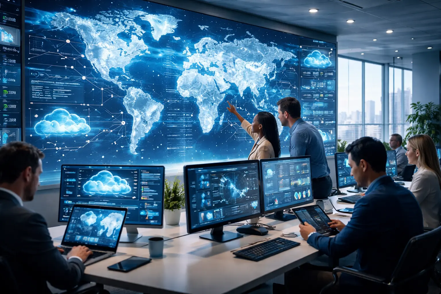 Global technology solutions visual showing professionals collaborating in a modern command center with interconnected world maps, cloud infrastructure, and real-time digital networks.