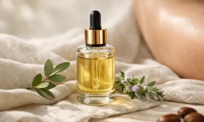 Luxury fur oil in a glass dropper bottle displayed on soft linen with natural botanicals, highlighting clean intimate skincare and ingrown hair prevention