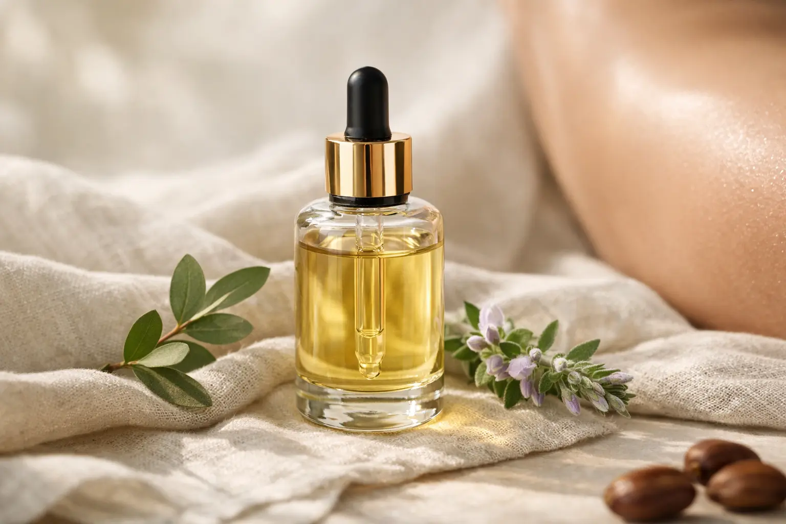 Luxury fur oil in a glass dropper bottle displayed on soft linen with natural botanicals, highlighting clean intimate skincare and ingrown hair prevention