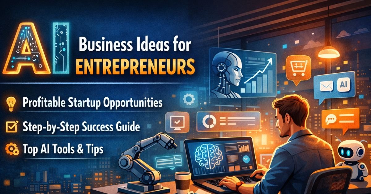 AI business ideas for entrepreneurs illustration showing a modern entrepreneur using artificial intelligence tools to build scalable startup opportunities