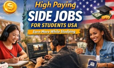 High paying side jobs for students USA showing college students freelancing, tutoring, and earning money online while studying