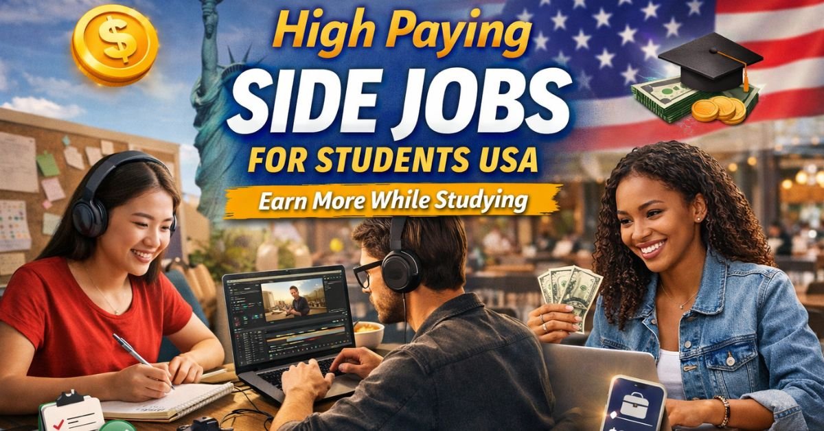 High paying side jobs for students USA showing college students freelancing, tutoring, and earning money online while studying