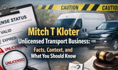 “Visual illustration explaining the Mitch T Kloter unlicensed transport business topic, showing transport vehicles, license status checklist, and legal compliance elements.”