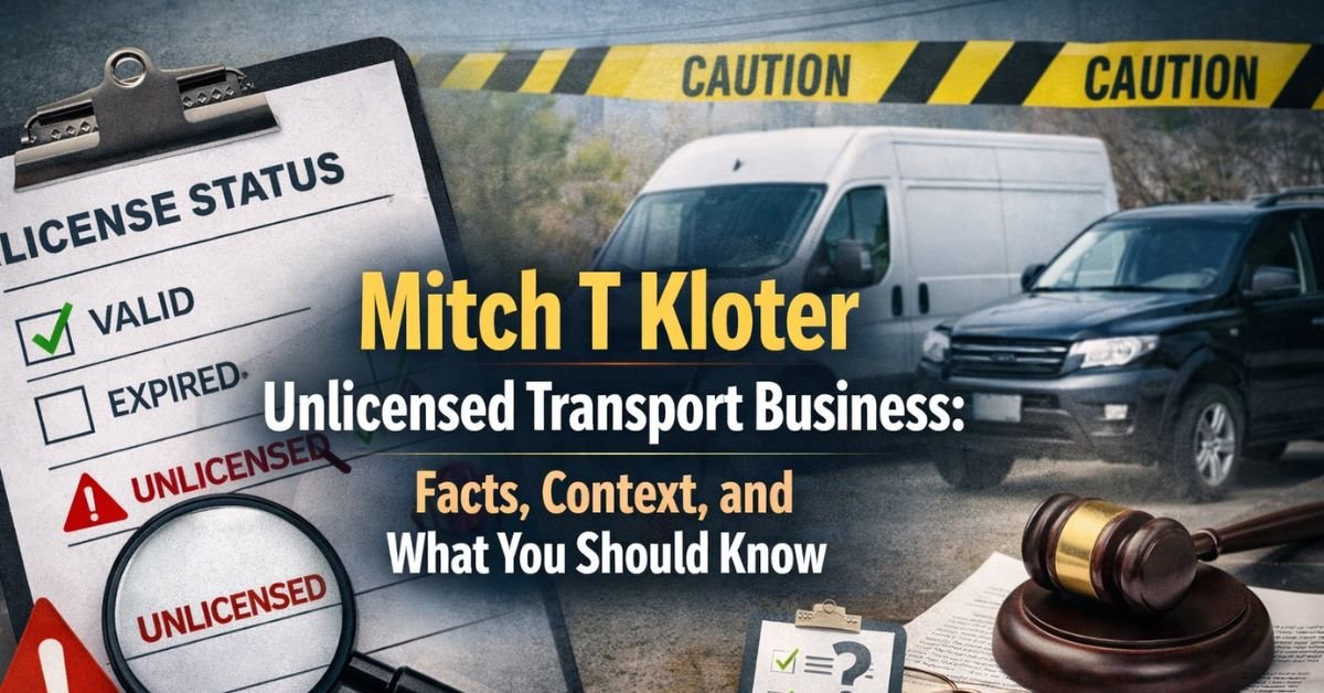 “Visual illustration explaining the Mitch T Kloter unlicensed transport business topic, showing transport vehicles, license status checklist, and legal compliance elements.”