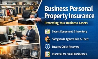Visual guide to business personal property insurance covering equipment, inventory, fire, and theft risks