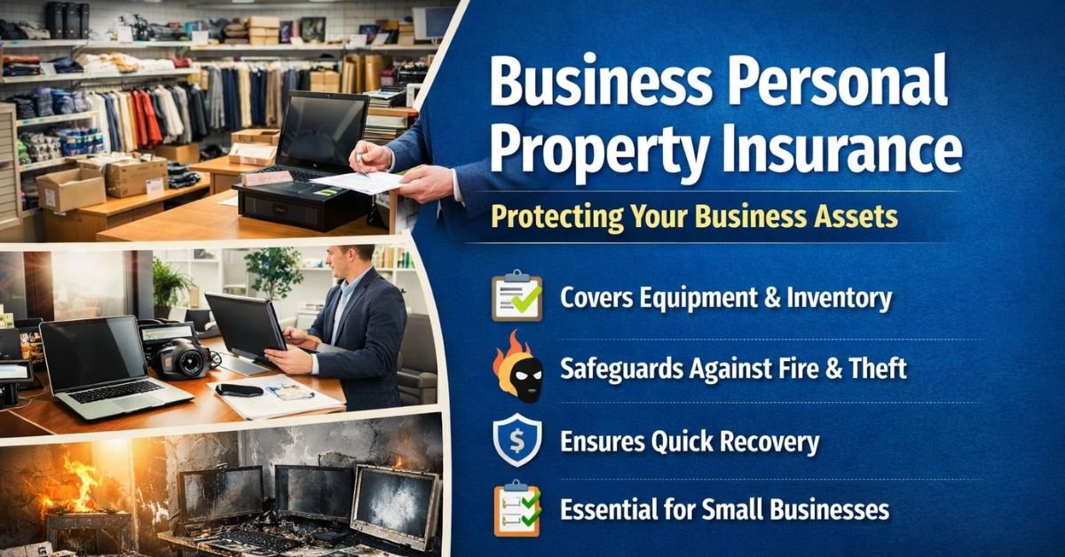 Visual guide to business personal property insurance covering equipment, inventory, fire, and theft risks