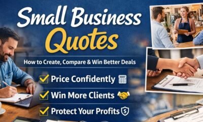 Featured image for small business quotes guide showing entrepreneurs reviewing pricing documents, client handshakes, and quote forms with text highlighting how to create, compare, and win better business deals.