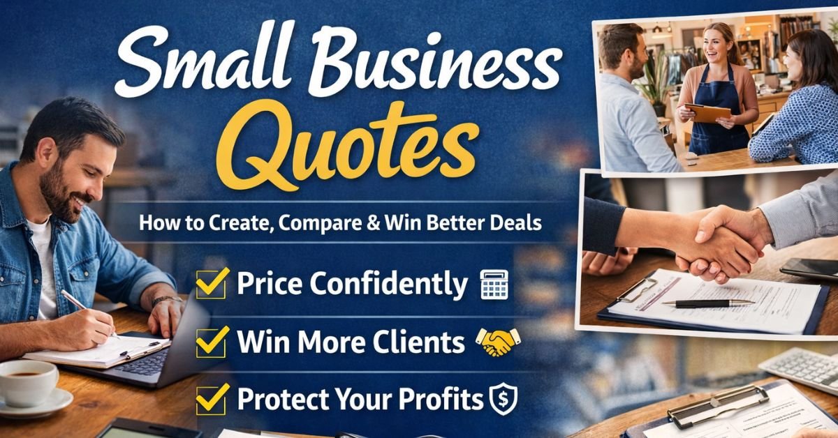 Featured image for small business quotes guide showing entrepreneurs reviewing pricing documents, client handshakes, and quote forms with text highlighting how to create, compare, and win better business deals.