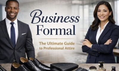 Business formal attire guide featuring diverse professionals in tailored suits with polished shoes, accessories, and grooming essentials in a modern office setting.