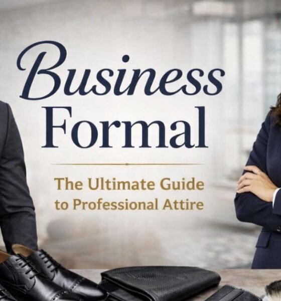 Business formal attire guide featuring diverse professionals in tailored suits with polished shoes, accessories, and grooming essentials in a modern office setting.