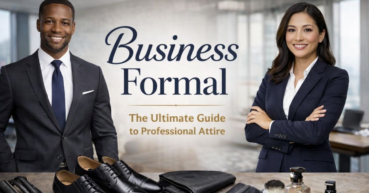 Business formal attire guide featuring diverse professionals in tailored suits with polished shoes, accessories, and grooming essentials in a modern office setting.