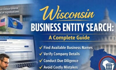 Featured image showing Wisconsin Business Entity Search guide with entrepreneur using laptop, Wisconsin state map, and official business search interface.