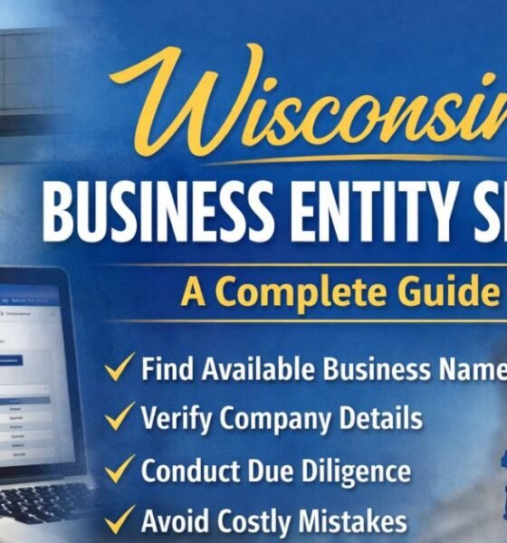 Featured image showing Wisconsin Business Entity Search guide with entrepreneur using laptop, Wisconsin state map, and official business search interface.