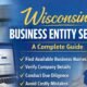 Featured image showing Wisconsin Business Entity Search guide with entrepreneur using laptop, Wisconsin state map, and official business search interface.