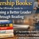 Leadership books stacked on a desk with professionals reading and discussing ideas, representing leadership development and learning
