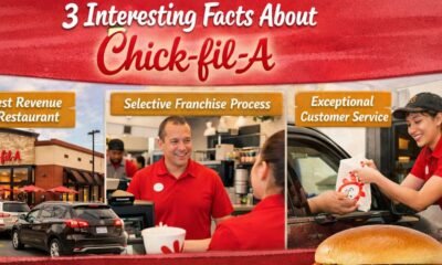 “Infographic titled ‘3 Interesting Facts About Chick-fil-A’ showing a busy Chick-fil-A restaurant and drive-thru, friendly employees serving customers, a selective franchise process, exceptional customer service, and the original chicken sandwich.”