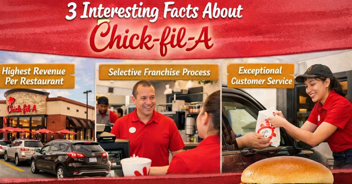 “Infographic titled ‘3 Interesting Facts About Chick-fil-A’ showing a busy Chick-fil-A restaurant and drive-thru, friendly employees serving customers, a selective franchise process, exceptional customer service, and the original chicken sandwich.”
